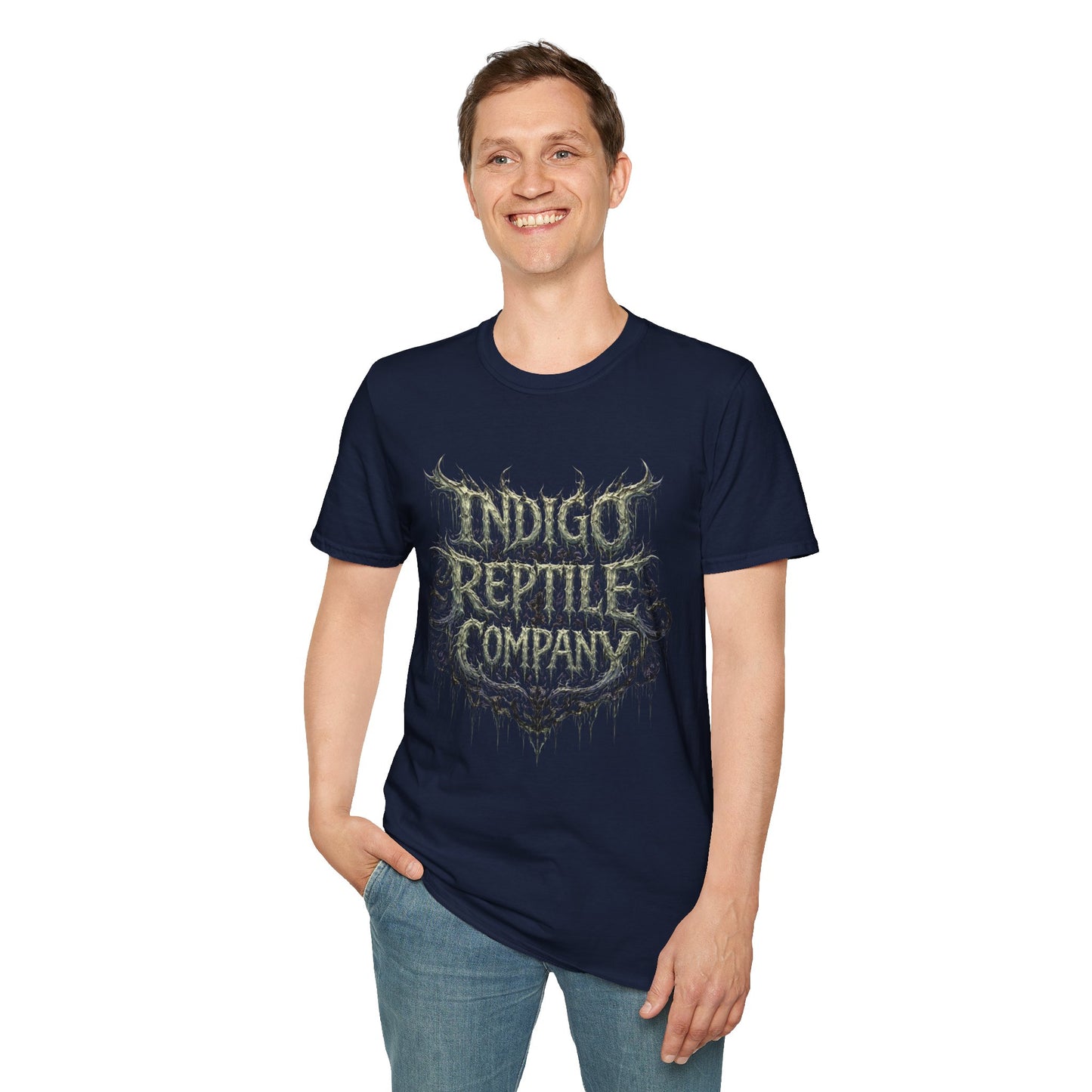 Indigo Reptiles Company Graphic Tee – Vintage Metal Style T-Shirt