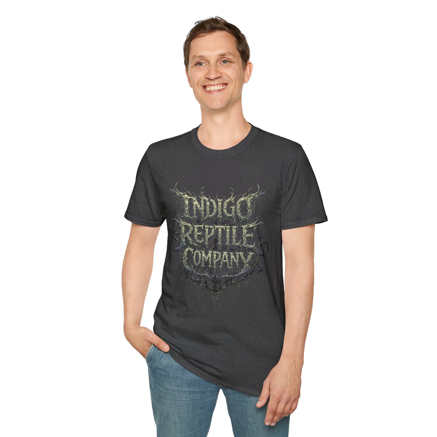 Indigo Reptiles Company Graphic Tee – Vintage Metal Style T-Shirt