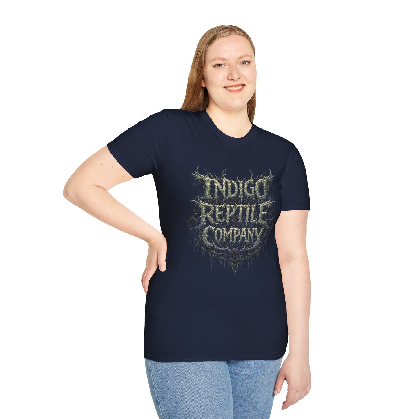 Indigo Reptiles Company Graphic Tee – Vintage Metal Style T-Shirt